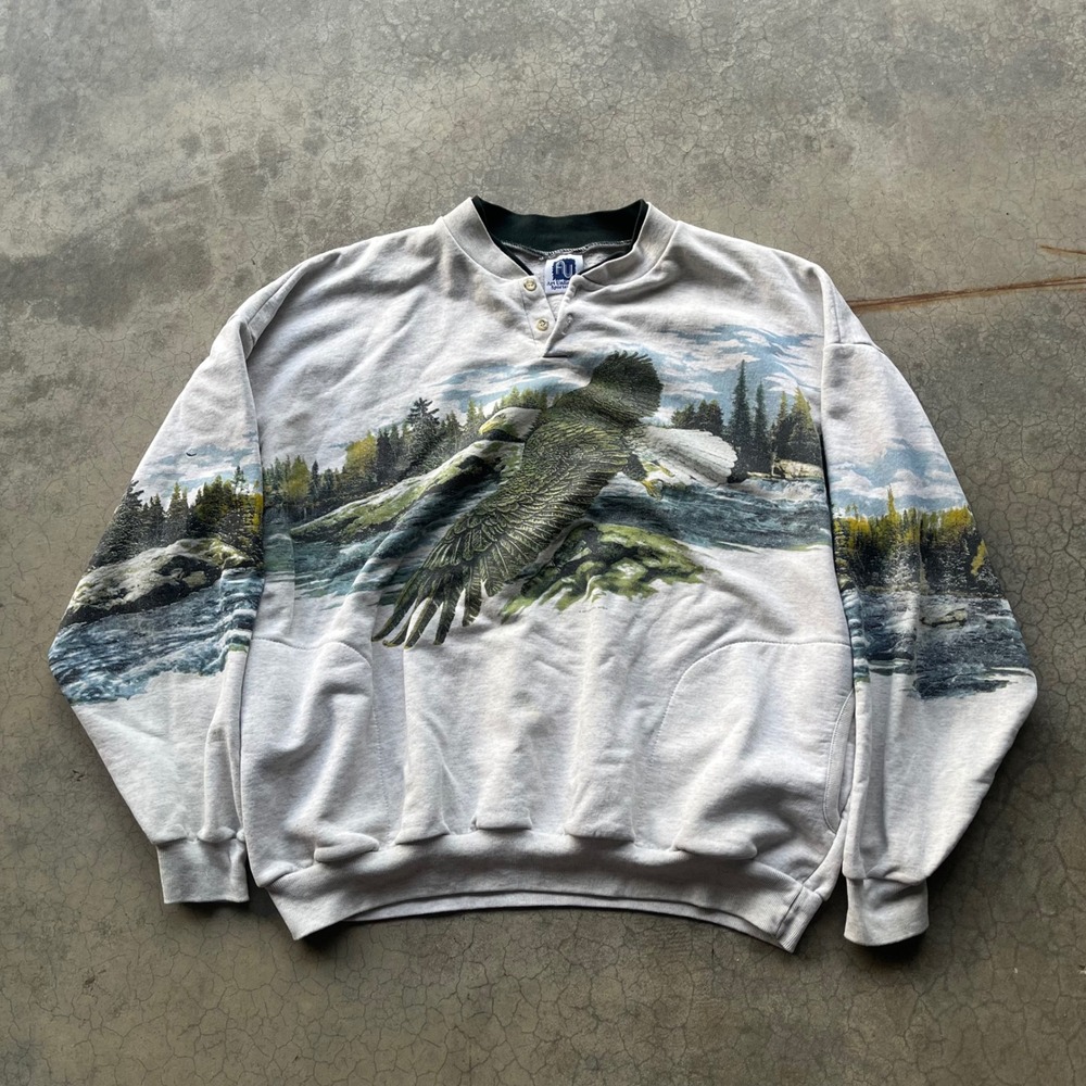 Vintage Art Unlimited Sportswear Eagle All Over Print Henley Sweatshirt XXL